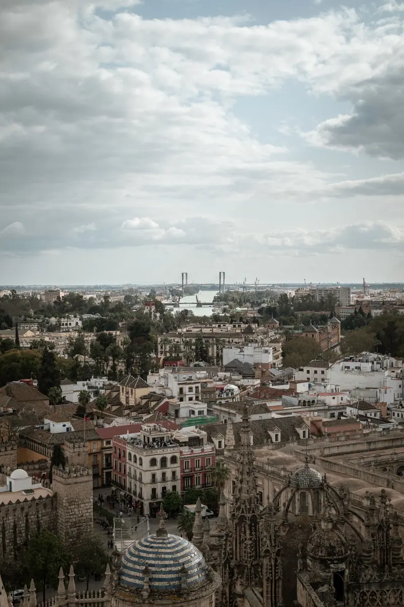 Vista de una ciudad histórica desde lo alto, con el río al fondo